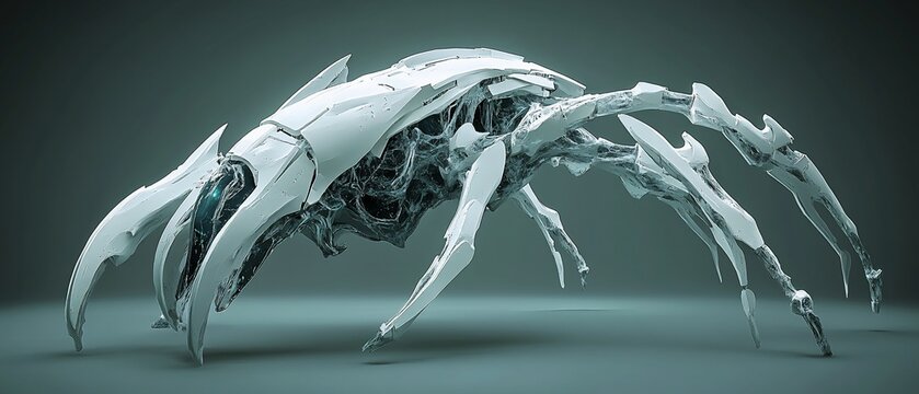 Futuristic arachnid robot, studio shot, grey background, sci-fi concept art