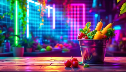 Naklejka premium Neon Night Vegetables: Vibrant Still Life of Fresh Produce in a Retro Setting