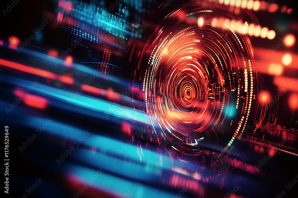 Aufkleber Abstract Cybernetic Light Tunnel with Futuristic Digital Patterns and Neon Colors : Generative AI