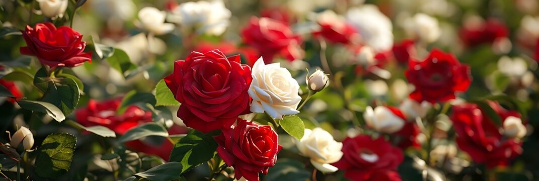 Garden of red and white roses in full bloom under sunlight - Powered by Adobe