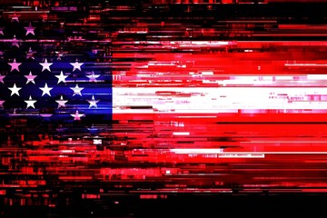 Abstract Digital Glitch of American Flag in Vibrant Red and Blue : Generative AI