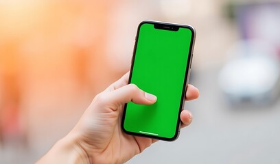 Hand Holding Smartphone with Green Screen in City Background. AI Generated
