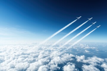 Fototapeta premium Jet aircraft in formation over clouds aerial photography clear sky aviation concept