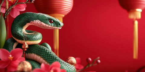 Fototapeta premium Green snake with orchid flowers and red lanterns set against a vibrant Chinese New Year backdrop