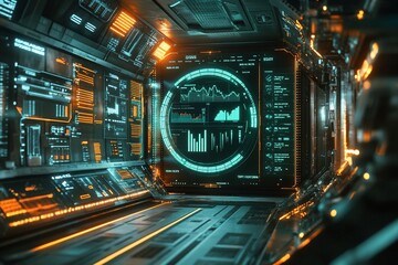 Obraz premium Futuristic spaceship control room; data analysis