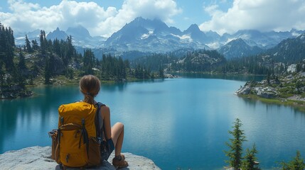 Solitary hiker resting by a serene alpine lake with a majestic mountain reflection