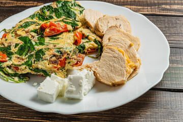 Delicious healthy hot breakfast, omelet with tomatoes and spinach chicken cheese