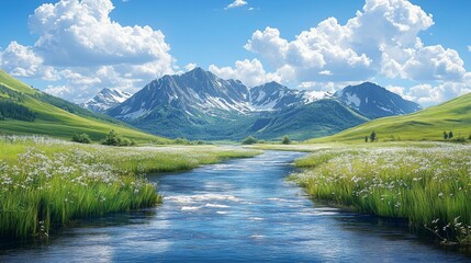 Fototapeta premium Mountain river flows through meadow, sunny day, clouds