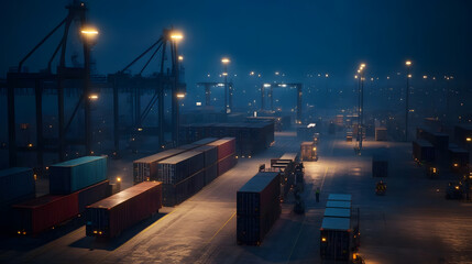 A night view of a logistics hub with floodlights illuminating the area and security guards patrolling. Trucks and shipping containers are closely monitored with surveillance drones and GPS trackers,