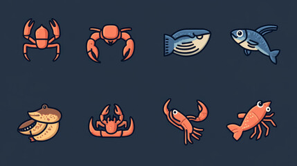 Fish and marine animal or seafood sketch line icons. Vector isolated set of lobster crab, octopus and prawn shrimp, eel or pike and ocean mackerel with herring or flounder and trout for fishing