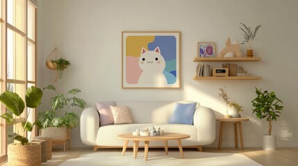a living room with a couch, coffee table and a cat painting