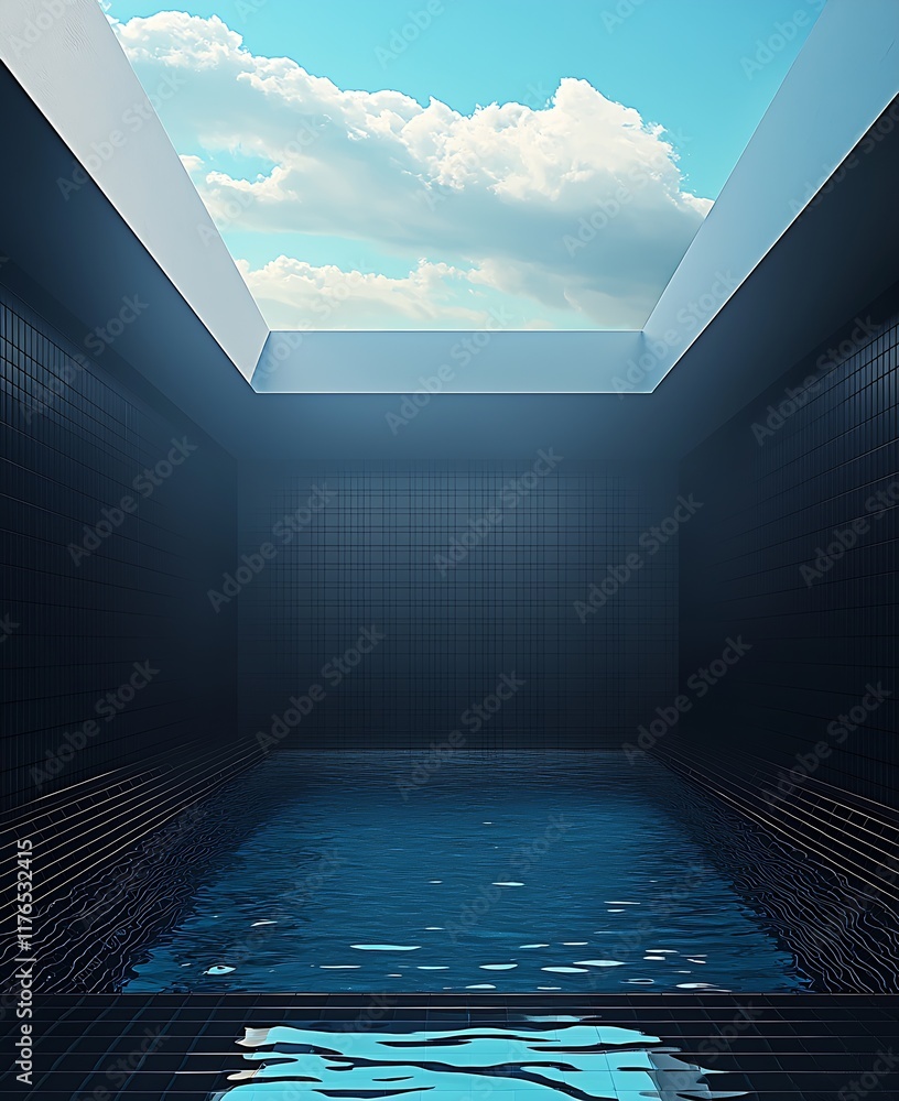 Aufkleber Minimalist architectural indoor swimming pool with open skylight and tile reflections : Generative AI