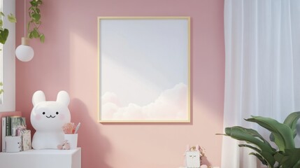 a pink room with a picture frame and a teddy bear