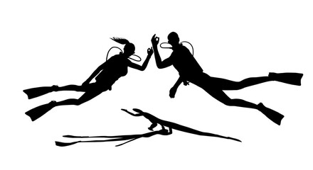 silhouettes of scuba couple with shadow