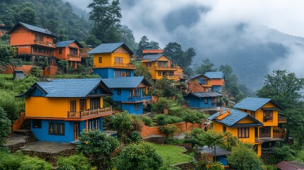Colorful hillside village, misty mountains, travel tourism