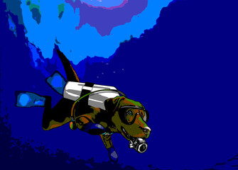 Obraz premium Realistic illustration of a Chocolate color Labrador retriever Scuba Diving 