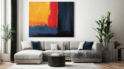a living room with a couch and a painting