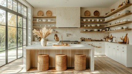 Serene Minimalist Kitchen with Abundant Natural Light and Textured Accents