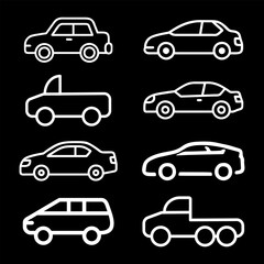 Transporttation vehicles automobile traffic of trasport car van truck White siluete side view pictograms icons outline set colletions vector flat design black background
