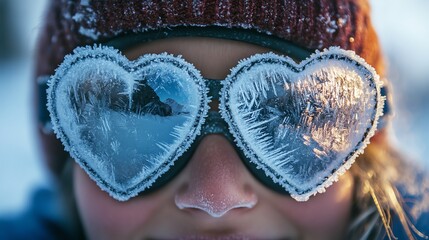 Close-up of person wearing heart-shaped frosty glasses on a winter day.