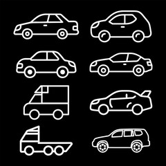 Transporttation vehicles automobile traffic of trasport car van truck White siluete side view pictograms icons outline set colletions vector flat design black background