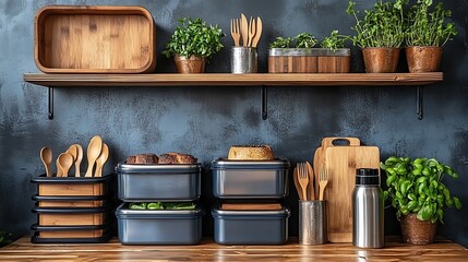 Kitchen shelf food storage herbs rustic background, cookbook