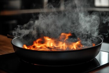 Flaming pan, smoke billowing, kitchen fire.