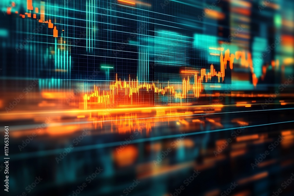Poster Abstract Digital Financial Data Background with Vibrant Orange and Blue Light Effects : Generative AI