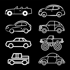 Transporttation vehicles automobile traffic of trasport car van truck White siluete side view pictograms icons outline set colletions vector flat design black background