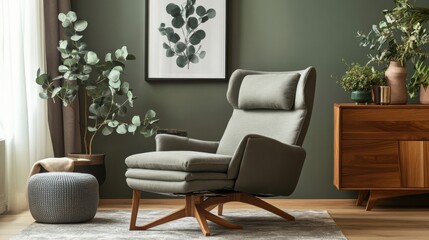 a living room with a chair and a plant