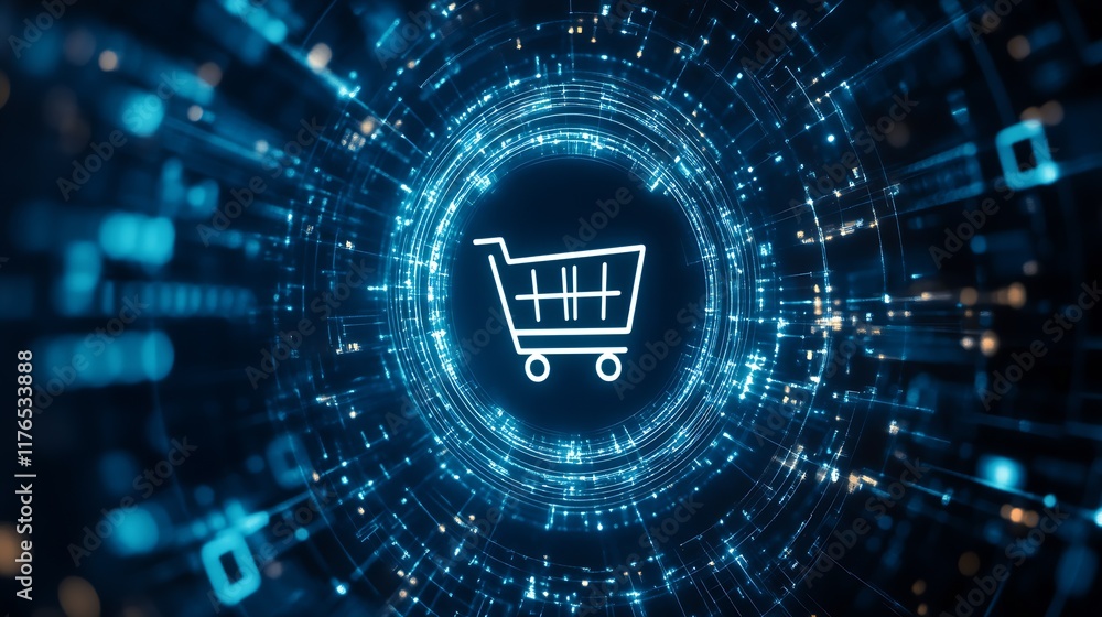 Poster digital shopping cart icon in futuristic data network technological advancements : generative ai