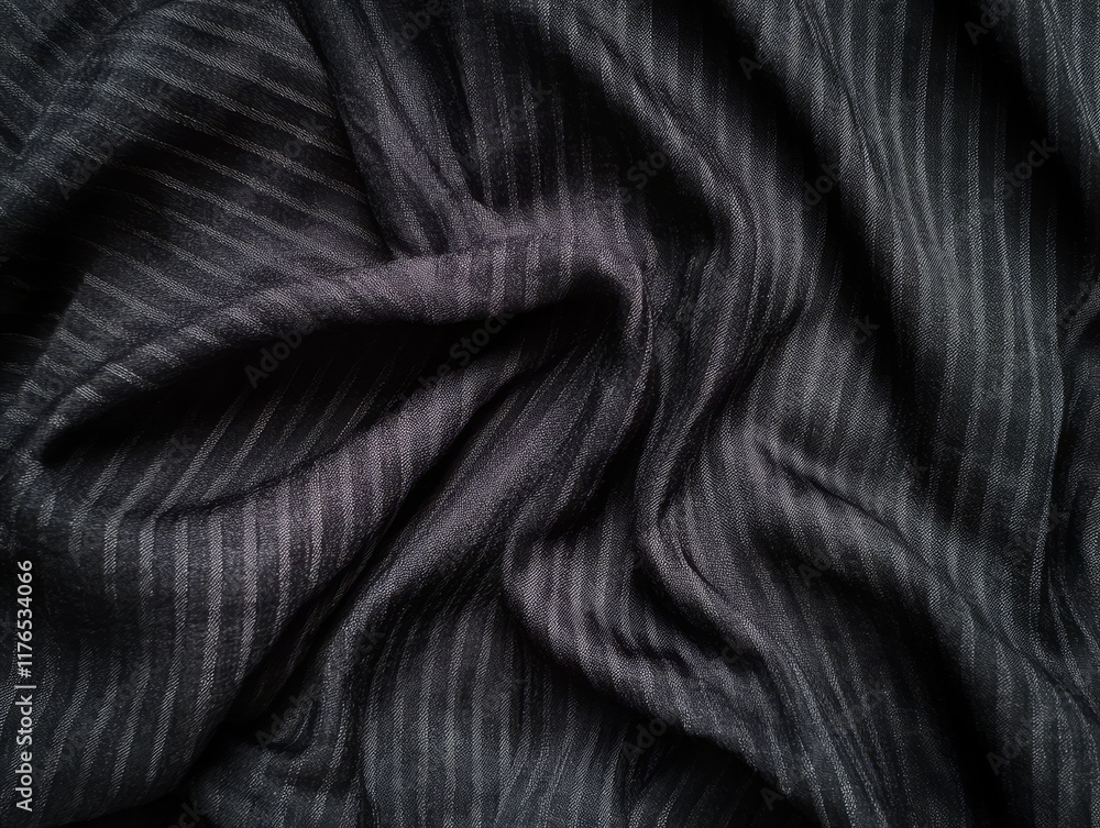 Poster dark gray striped fabric texture with folds and wrinkles.