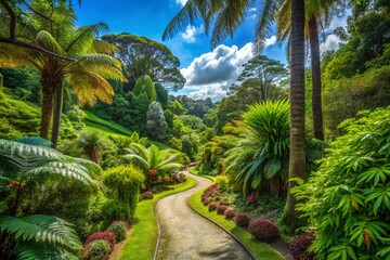 Fototapeta premium Wellington Botanic Garden: Lush Greenery & Serene Pathway, Ample Copy Space