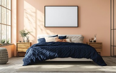 Sunny bedroom interior with blank frame, bed, nightstands, and window.