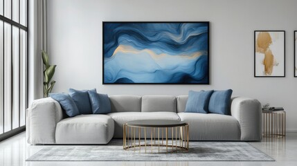 a living room with a couch and a painting