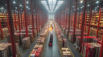 Warehouse Forklifts Operate Amidst Pallets