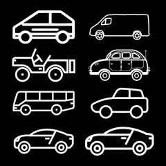 Transporttation vehicles automobile traffic of trasport car van truck White siluete side view pictograms icons outline set colletions vector flat design black background