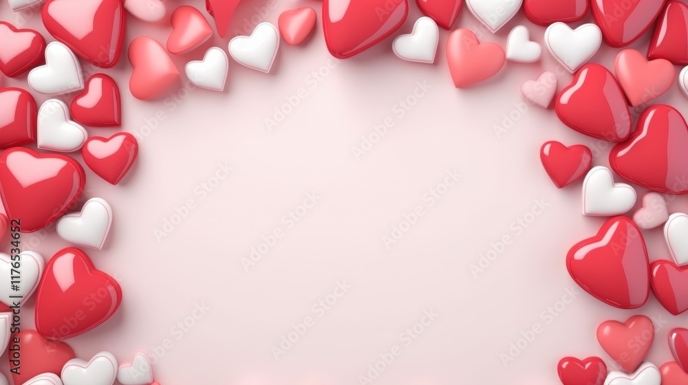 Poster 3d rendering of valentine’s day background with red and pink hearts surrounding a blank space for te