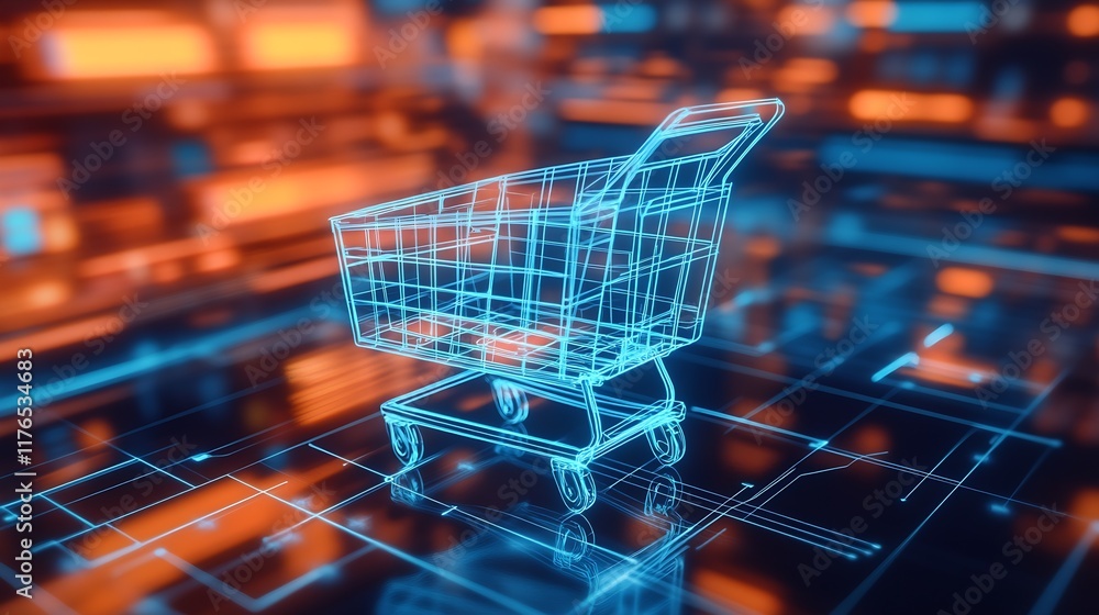 Fototapete digital shopping cart in futuristic virtual space with neon lines and abstract background : generati