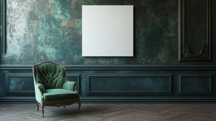 a chair in a room with a blank picture frame