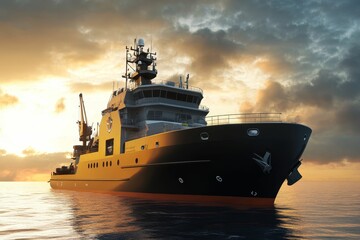 Obraz premium Large ship at sunset, calm sea.