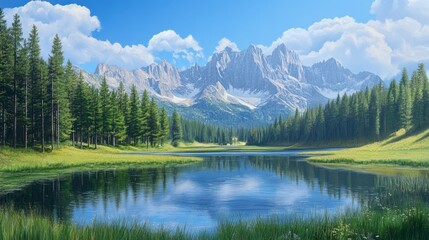 Rolling green hills transitioning into dense pine forests, a peaceful lake reflecting the towering alpine mountains under a sunny blue sky