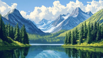 Rolling green hills transitioning into dense pine forests, a peaceful lake reflecting the towering alpine mountains under a sunny blue sky