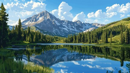 Rolling green hills transitioning into dense pine forests, a peaceful lake reflecting the towering alpine mountains under a sunny blue sky