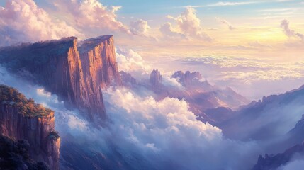 Rugged cliffs bathed in warm sunlight rise above a sea of clouds, creating a serene yet awe-inspiring mountain scene.