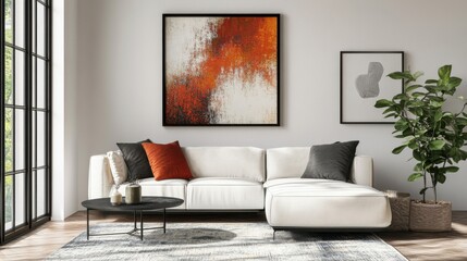 a living room with a white couch and a large painting