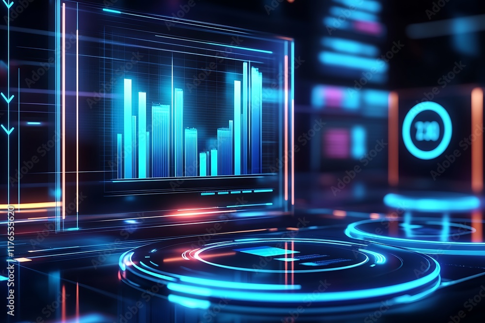 Poster Futuristic Digital Dashboard with Blue Neon Graphs and Data Visualizations : Generative AI