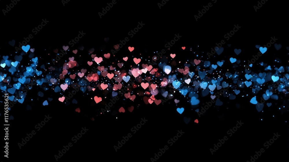 Poster colorful heart shapes on a black background creating an abstract and vibrant pattern of love and joy