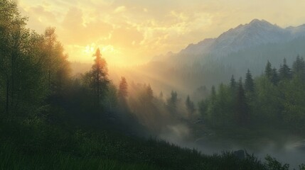 Obraz premium Soft golden rays illuminate a tranquil mountain scene, as the sunrise peeks through misty clouds over a serene forested valley