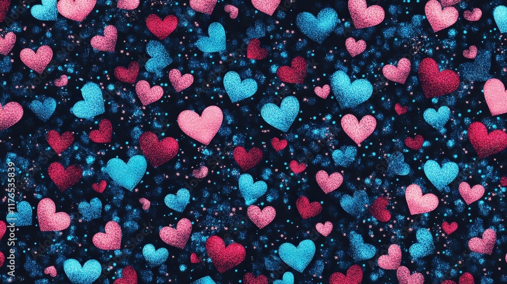 Poster colorful hearts abstract background on black canvas with glittering texture and depth for vibrant an